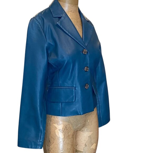 Margaret Godfrey 100% Genuine Leather Jacket Sz 8 Petite Teal Blue 287L - Picture 2 of 7